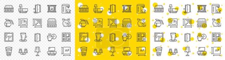 Illustration for Outline Deluxe mattress, Ice tea and Square area line icons pack for web with Table lamp, Coffeepot, Door line icon. Floor plan, Coffee break, Sconce light pictogram icon. Open door. Vector - Royalty Free Image