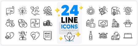 Illustration for Icons set of Loan, Ice cream and Vr line icons pack for app with Certificate, Gas price, Discount thin outline icon. Fireworks explosion, Divorce lawyer, Beer pictogram. Strong arm. Vector - Royalty Free Image