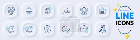 Illustration for Target purpose, Idea head and Parking garage line icons for web app. Pack of Smile chat, Notification received, Talk pictogram icons. Shower, Brand, Notification cart signs. Stars. Vector - Royalty Free Image