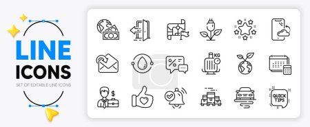 Illustration for Global business, Cold-pressed oil and Destination flag line icons set for app include Like hand, Discounts, Save planet outline thin icon. Baggage scales, Account, Boxes pallet pictogram icon. Vector - Royalty Free Image