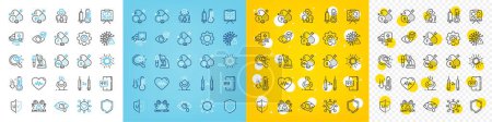 Vector icons set of Fluorine mineral, Difficult stress and Uv protection line icons pack for web with Sulfur mineral, Medicine, Thermometer outline icon. Microscope, Covid virus. Vector