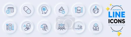 Illustration for Vaccine announcement, Blood and saliva test and Collagen skin line icons for web app. Pack of Sun cream, Capsule pill, Calories pictogram icons. Dont touch, Fitness calendar. Vector - Royalty Free Image