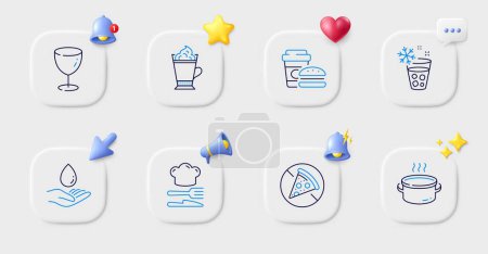 Illustration for Saucepan, Latte coffee and Fast food line icons. Buttons with 3d bell, chat speech, cursor. Pack of Water care, Food, Glass icon. Ice maker pictogram. For web app, printing. Vector - Royalty Free Image