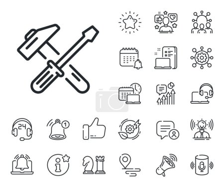 Illustration for Repair service sign. Place location, technology and smart speaker outline icons. Hammer and screwdriver line icon. Fix instruments symbol. Hammer tool line sign. Vector - Royalty Free Image