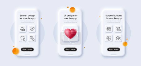 Illustration for Car charging, Outsource work and Arena stadium line icons pack. 3d phone mockups with heart. Glass smartphone screen. Volunteer, Flight mode, Event click web icon. Vector - Royalty Free Image