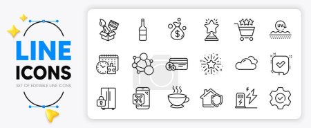 Illustration for Refrigerator, Home insurance and Wine line icons set for app include Confirmed, Money bag, Flight mode outline thin icon. Winner, Execute, Puzzle time pictogram icon. Charging station. Vector - Royalty Free Image