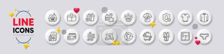 Illustration for Baggage size, Panties and Luggage line icons. White buttons 3d icons. Pack of Sale gift, Discounts ribbon, Shirt icon. Balcony, Carry-on baggage, Handbag pictogram. Vector - Royalty Free Image