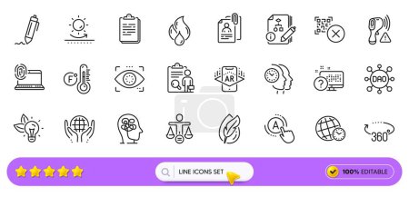 Illustration for Dao, Qr code and Electronic thermometer line icons for web app. Pack of Computer fingerprint, Signature, Sun protection pictogram icons. Ethics, Organic tested, Clipboard signs. Search bar. Vector - Royalty Free Image
