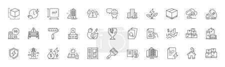 Illustration for Building warning, Package size and Wholesale inventory line icons. Pack of Enterprise, Paint roller, Power certificate icon. Solar panel, Charging time, Car charging pictogram. Line icons. Vector - Royalty Free Image