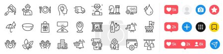 Illustration for Truck delivery, Ceiling lamp and Family insurance line icons pack. Social media icons. Idea head, Settings blueprint, Safe time web icon. Hold box, Fitness water, Seo pictogram. Vector - Royalty Free Image