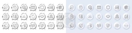 Illustration for Covid test, Rubber gloves and Uv protection line icons. White pin 3d buttons, chat bubbles icons. Pack of Face scanning, Thermometer, Checklist icon. Vector - Royalty Free Image