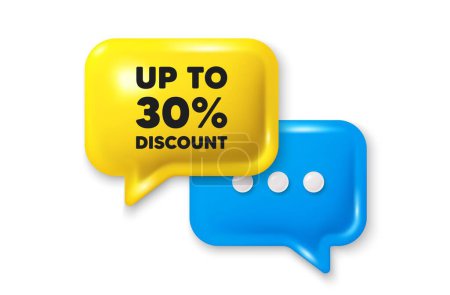 Illustration for Up to 30 percent discount. Chat speech bubble 3d icon. Sale offer price sign. Special offer symbol. Save 30 percentages. Discount tag chat offer. Speech bubble banner. Text box balloon. Vector - Royalty Free Image