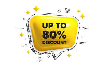 Illustration for Up to 80 percent discount. Chat speech bubble 3d icon. Sale offer price sign. Special offer symbol. Save 80 percentages. Discount tag chat message. Speech bubble banner with stripes. Vector - Royalty Free Image
