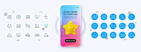 Illustration for Augmented reality, Waterproof and Computer fingerprint line icons. Phone mockup with 3d star icon. Pack of Bankrupt, Stars, Certificate icon. Vector - Royalty Free Image