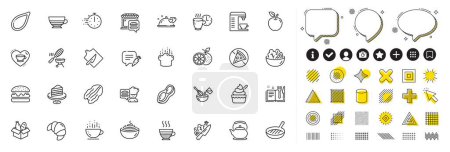 Ilustración de Conjunto de iconos de línea de maní, verduras y tabla de cortar para la aplicación web. Elementos de diseño, iconos de redes sociales. Croissant, semilla de calabaza, iconos de pasta. Tetera, manzana, panecillos de nueces. Vector - Imagen libre de derechos