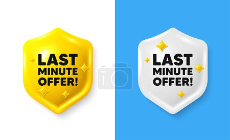 Illustration for Last minute offer tag. Shield 3d icon banner with text box. Special price deal sign. Advertising discounts symbol. Last minute offer chat protect message. Shield speech bubble banner. Vector - Royalty Free Image