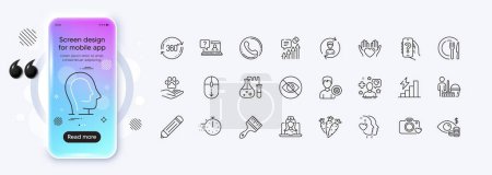 Illustration for Consumption growth, Telemedicine and Carrots line icons for web app. Phone mockup gradient screen. Pack of Business vision, Pencil, Pets care pictogram icons. Vector - Royalty Free Image