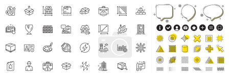 Set von Send-Box, Warn-Aktentasche und Suche Paketzeile Symbole für Web-App. Gestaltungselemente, Social-Media-Symbole. Rahmen, Palette, geöffnete Box-Icons. Vektor