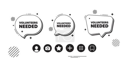 Illustration for Volunteers needed tag. Speech bubble offer icons. Volunteering service sign. Charity work symbol. Volunteers needed chat text box. Social media icons. Speech bubble text balloon. Vector - Royalty Free Image