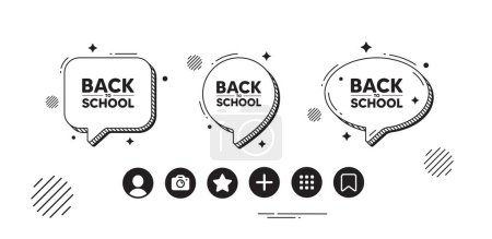 Illustration for Back to school tag. Speech bubble offer icons. Education offer. End of vacation slogan. Back to school chat text box. Social media icons. Speech bubble text balloon. Vector - Royalty Free Image