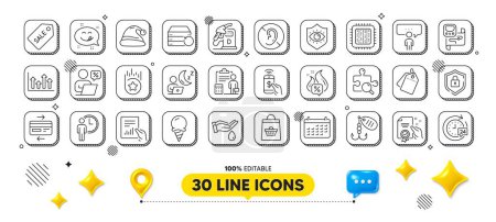 Illustration for Credit card, Hot offer and Shift line icons pack. 3d design elements. Fishing lure, Santa hat, Diesel station web icon. Shield, Document, Loyalty star pictogram. Vector - Royalty Free Image