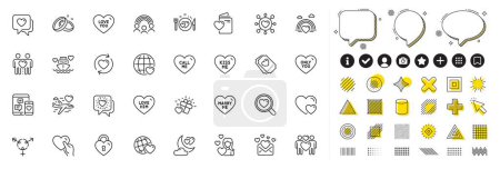 Illustration for Set of Kiss me, Marry me and Love lock line icons for web app. Design elements, Social media icons. Love gift, Dating, Lgbt icons. Romantic dinner, Heart, Honeymoon travel signs. Vector - Royalty Free Image