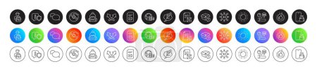 Copyright chat, Vinyl record and Video file line icons. Round icon gradient buttons. Pack of Food delivery, Sunny weather, Backpack icon. Qr code, Budget, Shield pictogram. Vector