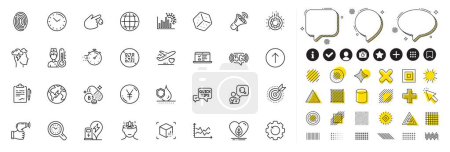 Illustration for Set of Dice, Local grown and Pantothenic acid line icons for web app. Design elements, Social media icons. Electricity, Yen money, Swipe up icons. Gear, Time, Coronavirus statistics signs. Vector - Royalty Free Image
