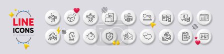 Illustration for Power safety, Chat message and Calendar line icons. White buttons 3d icons. Pack of Device, Timer, Survey checklist icon. Recovery laptop, Marketing strategy, Transmitter pictogram. Vector - Royalty Free Image