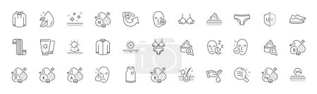 Illustration for Sleep, Thiamine vitamin and Iron line icons. Pack of Clean skin, T-shirt, Uv protection icon. No sun, Collagen skin, Serum oil pictogram. Vitamin a, Pantothenic acid, Sun protection. Vector - Royalty Free Image
