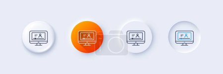 Illustration for Online Video Education line icon. Neumorphic, Orange gradient, 3d pin buttons. Computer with Online lecture sign. Web player symbol. Line icons. Neumorphic buttons with outline signs. Vector - Royalty Free Image