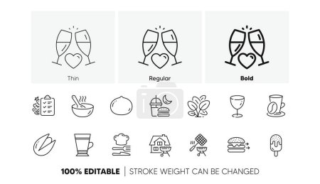 Cook, Home grill and Glass line icons. Pack of Food, Spinach, Food delivery icon. Night eat, Ice cream, Latte pictogram. Diet menu, Grill basket, Coffee cup. Wedding glasses. Line icons. Vector