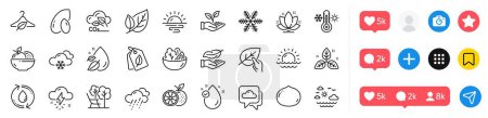 Orange, Slow fashion and Vitamin e line icons pack. Social media icons. Rainy weather, Refill water, Organic tested web icon. Peanut, Fair trade, Snow weather pictogram. Vector