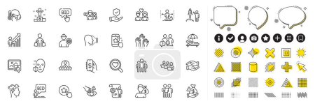 Ilustración de Conjunto de Mindfulness estrés, Grupo y los iconos de línea de trabajo en equipo para la aplicación web. Elementos de diseño, iconos de redes sociales. Protección de la cara, No toque, iconos salariales. Ingeniero, Comprador, Familia preguntas signos. Vector - Imagen libre de derechos