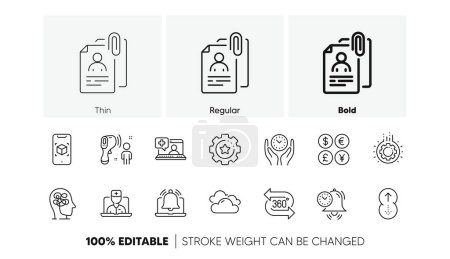 Illustration for 360 degree, Reminder and Settings gear line icons. Pack of Swipe up, Electronic thermometer, Telemedicine icon. Gear, Time management, Money currency pictogram. Stress. Line icons. Vector - Royalty Free Image