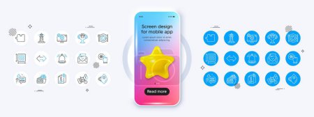 Medical mask, Sync and Bicycle lockers line icons. Phone mockup with 3d star icon. Pack of Winner cup, Fake news, Approved mail icon. Bell alert, Seafood, Freezing click pictogram. Vector