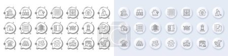 Balcony, Buying house and Arena line icons. White pin 3d buttons, chat bubbles icons. Pack of Mortgage, Square area, Food market icon. Floor plan, Arena stadium, Open door pictogram. Vector