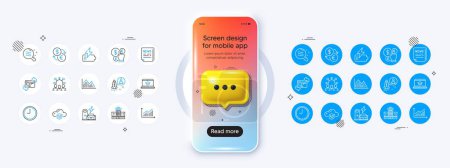 Illustration for Phone mockup with 3d chat icon. Time, Website education and Cloud computing line icons. Pack of Startup, Squad, Investment graph icon. Fake news, Skin condition, Charging station pictogram. Vector - Royalty Free Image
