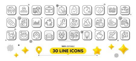 Lingerie, Grilled steak and Timer line icons pack. 3d design elements. Tool case, Edit, Paper clip web icon. Fraud, Hot sale, Coffee pictogram. Cake, Fast verification , Line graph. Vector