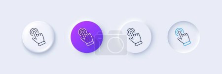 Ilustración de Icono de línea de cursor de mano. Neumorfa, gradiente púrpura, botones de pin 3d. Haga clic en signo de acción. Símbolo puntero de dedo. Iconos de línea. Botones neumórficos con signos de contorno. Vector - Imagen libre de derechos