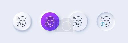 Illustration for Face detection protected line icon. Neumorphic, Purple gradient, 3d pin buttons. Secure access sign. Facial identification symbol. Line icons. Neumorphic buttons with outline signs. Vector - Royalty Free Image