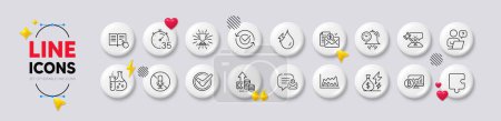 Illustration for Puzzle, Accounting report and New message line icons. White buttons 3d icons. Pack of Approved, Trade chart, Bitcoin chart icon. Electricity price, Inflation, Timer pictogram. Vector - Royalty Free Image