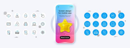 Question mark, Group people and Air conditioning line icons. Phone mockup with 3d star icon. Pack of Safe box, Qr code, Dermatologically tested icon. Lock, Arena, Manual pictogram. Vector