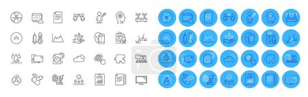 Illustration for Talk, Waterproof and Social distancing line icons pack. Document, Report document, Meditation eye web icon. Computer, Fingerprint research, Faq pictogram. Swipe up, Sun protection. Vector - Royalty Free Image