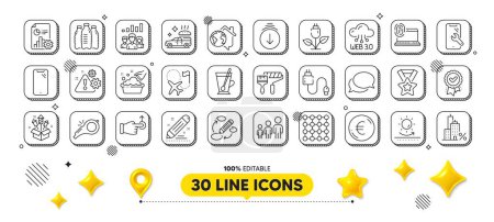 Illustration for Charging cable, Brand contract and Food delivery line icons pack. 3d design elements. Euro money, Sun protection, Business hierarchy web icon. Vector - Royalty Free Image