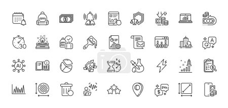 Illustration for Hourglass timer, Backpack and Report line icons pack. AI, Question and Answer, Map pin icons. Chemistry experiment, Deflation, Timer web icon. Vector - Royalty Free Image