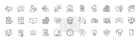 Illustration for Gamepad, Cyber attack and Popcorn line icons. Pack of Charging cable, Swipe up, Piano icon. Coffee maker, Bribe, Medical prescription pictogram. Fraud, Dating, Smartphone recovery. Line icons. Vector - Royalty Free Image