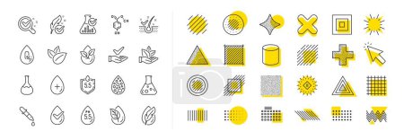 Illustration for Dermatologically tested, Alcohol free and Paraben chemical formula icons. Design shape elements. No artificial colors, Anti-dandruff flakes free line icons. Vector - Royalty Free Image