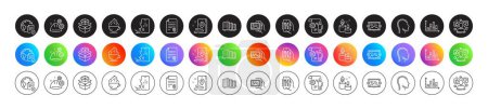 Illustration for Image album, Coffee cup and Settings blueprint line icons. Round icon gradient buttons. Pack of Packing boxes, Image carousel, Diagram graph icon. Vector - Royalty Free Image