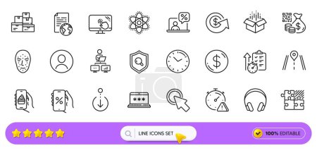 Qr code, Work home and Scroll down line icons for web app. Pack of Touch screen, Dollar money, Time pictogram icons. Click here, Face biometrics, Wholesale goods signs. Headshot. Search bar. Vector